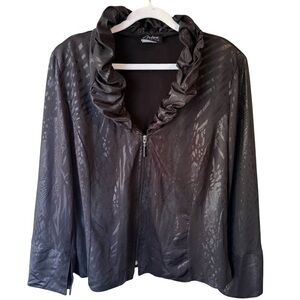 Black Artex Patterned Vintage Y2K Zipper Blazer with Ruffled Collar Women’s XL